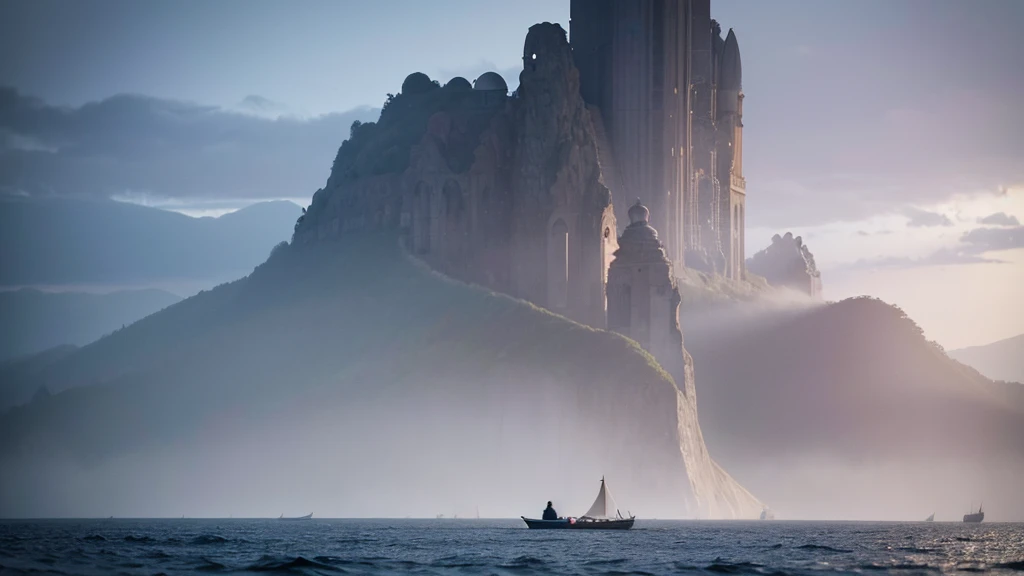 Imaginez une femme d'une beauté envoûtante au bord de la mer pres des rochets, sa silhouette sombre et élégante se détachant dans la lueur crépusculaire. Derrière elle, un bateau fantôme émerge lentement de la brume, ses voiles déchirées flottant sinistrement dans l'air. L'atmosphère est chargée de mystère et de danger, créant un contraste saisissant entre la beauté froide de la femme et l'aura maléfique du navire spectral.