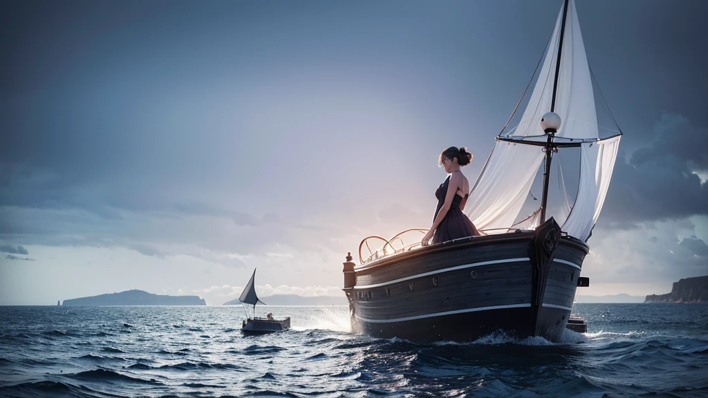 Imaginez une femme d'une beauté envoûtante au bord de la mer pres des rochets, sa silhouette sombre et élégante se détachant dans la lueur crépusculaire. Derrière elle, un bateau fantôme émerge lentement de la brume, ses voiles déchirées flottant sinistrement dans l'air. L'atmosphère est chargée de mystère et de danger, créant un contraste saisissant entre la beauté froide de la femme et l'aura maléfique du navire spectral.