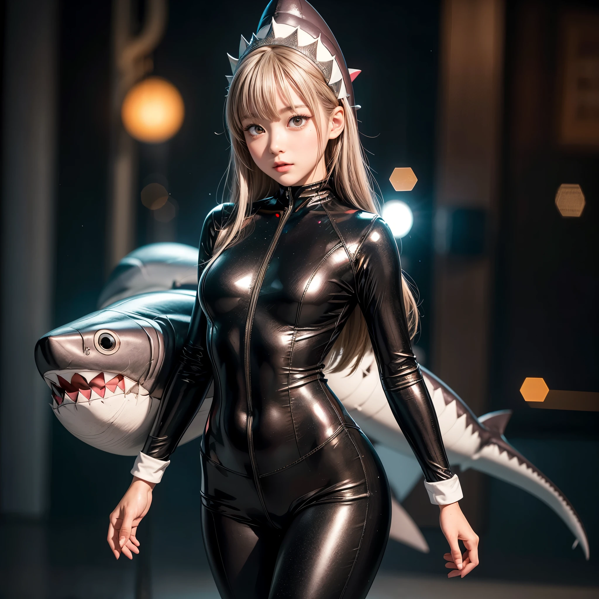 ((stuffed Shark head cap, Skinny BodySuit)), 8k, High-level, absurd, masterpiece, best quality, primitive, very detailed CG, very detailed wallpaper, perfect lighting, Extremely detailed ((( personifying " Shark" as a ))), MysticSight, Tyndall effect, Tyndall scattering, (Studio gray background with (Overflowing oodles Dazzling RainbowColorParticles (BokeH))), (RoundlyButts, ThighGap), (Exposed:0.4), (Assfocus with looking ahead) BREAK (Acutance:0.88), (NOGIZAKA face variations) Extremely Detailed very KAWAII face variations, perfect anatomy, Childish, CaptivatingGaze ElaboratePupils detailed Eyes with (sparkling highlights:1.28), (Voluminous LongEyelashes:0.88)、GlossyRED Lips with beautiful details, RosyCheeks, Radiant PearlSkin with Transparency . { (Dynamic LifeLike expressions:1.4) | (:d) }, (large eyes:-1) .