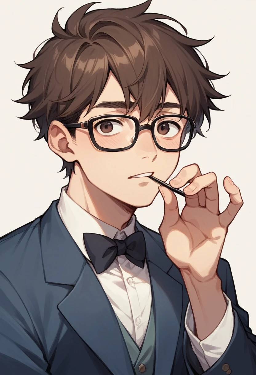 anime, guy with straight dark brown hair, big dark brown eyes, thin rimmed glasses, fair skin, slim build, make him a bit cute looking, and elegant clothing