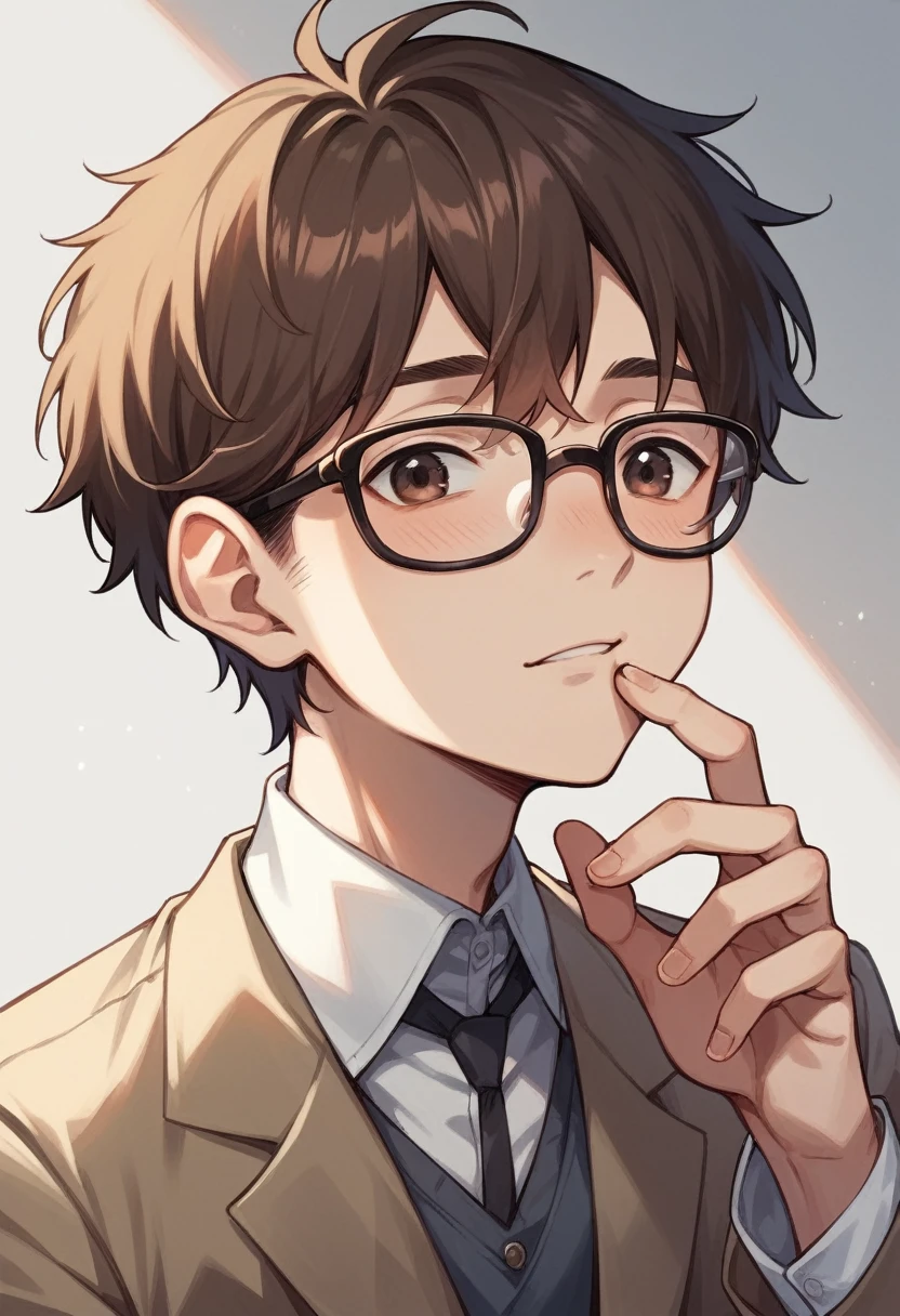 anime, guy with straight dark brown hair, big dark brown eyes, thin rimmed glasses, fair skin, slim build, make him a bit cute looking, and elegant clothing