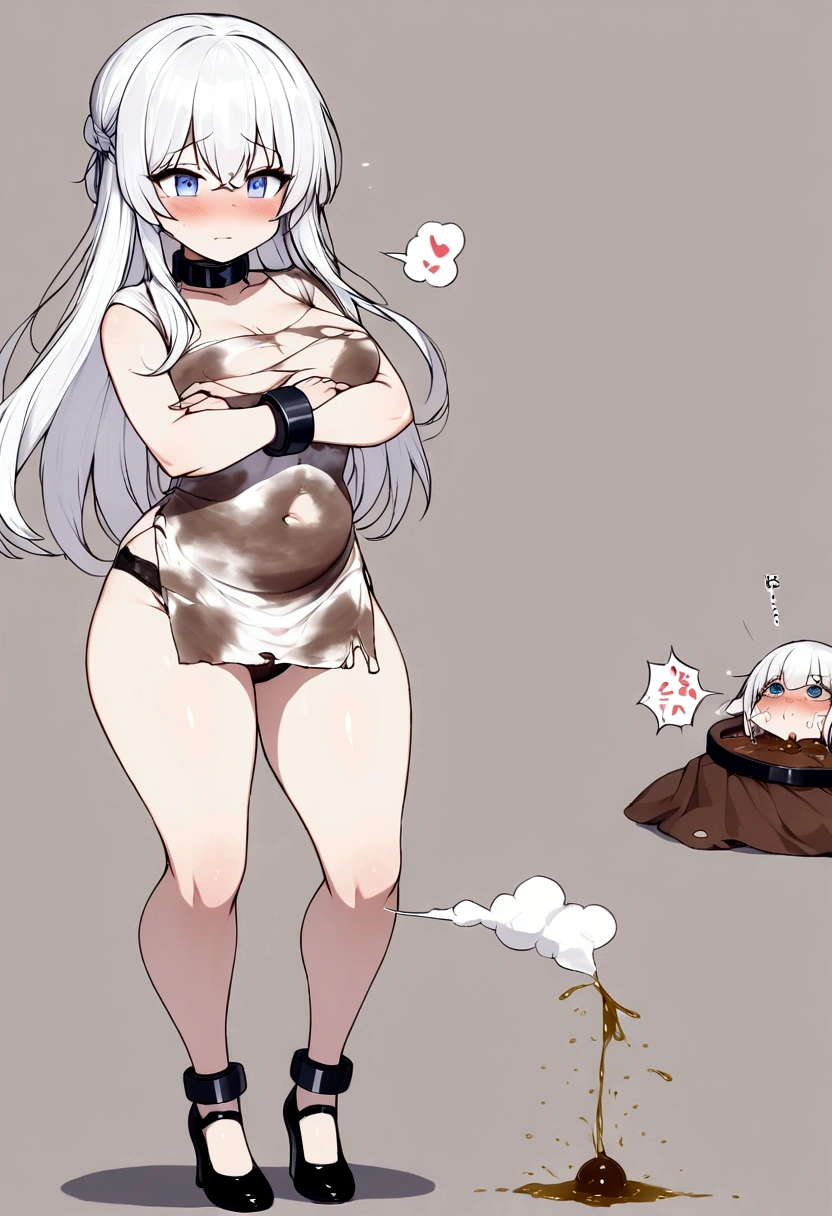 Anime. Girl. Baby. Slave. Ssbbw. White hair. Long hair. Blue eyes. Beautiful eyes. Slave collar. Shackles. Dirty tunic. Ugly panties. Torn panties. Torn tunic. Cold. Runny nose. Janos mucus. Snot. Sneeze. To fart. Pee. Poop. She sneezed. Farted. I peed myself. I crap myself. Scat. Standing. Full body.