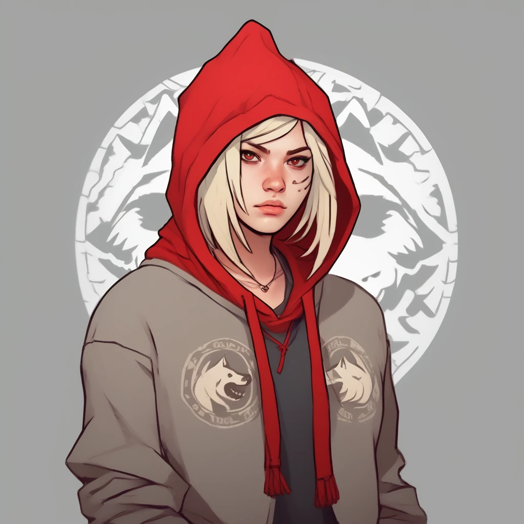 score_9, score_8_up, (clear simple background, white background, papyrus background), ((adult))
(girl:1.2), _young, lagre_breasts , smug face, Serious face expression, whore_makeup, tribal makeup, solo, (blond hair, red hoody, , female), (wearing grey wolf hide, grey colored wolf head cap:1.2), (fullbody, tattoos, curvey bode, cute face, focus), beautiful,