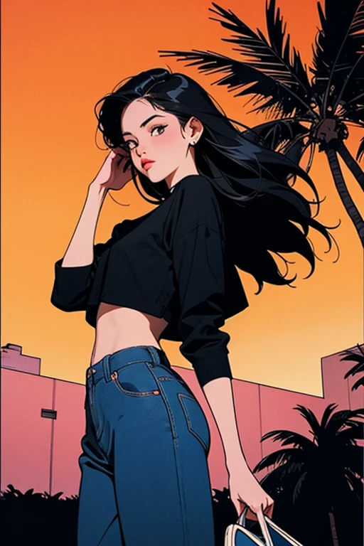 Retro Girl, miami, Sunset, Ferrari, Palm tree, the 90s, (Flat color, Flat Texture, Line Art:1.2), Graphic Design, (Overlap, Jet Black), 