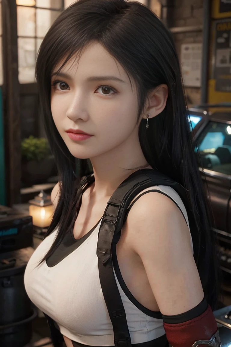 (​masterpiece), (Top image quality), 8K resolution, Ultra-detail, Ultra-detail, Realism, (1girl in), Tifa, Final Fantasy, Tifa lockhart, rays of sunshine, cinematic, Cool Pose, Concrete walls,metal pipes,The description of Red Eye App,Detailed double eyelids,short-hair、Dark brown color,slender,Model body type,no-makeup、Bust Bcups