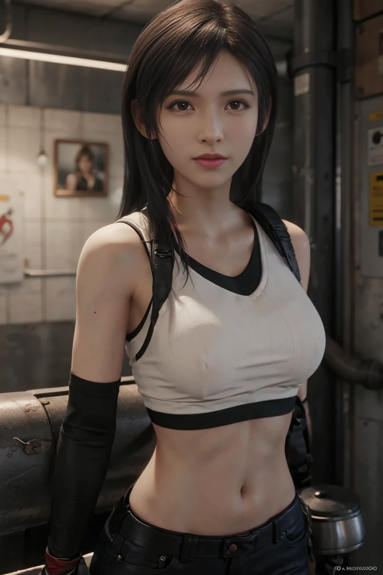 (​masterpiece), (Top image quality), 8K resolution, Ultra-detail, Ultra-detail, Realism, (1girl in), Tifa, Final Fantasy, Tifa lockhart, rays of sunshine, cinematic, Cool Pose, Concrete walls,metal pipes,The description of Red Eye App,Detailed double eyelids,short-hair、Dark brown color,slender,Model body type,no-makeup、Bust Bcups