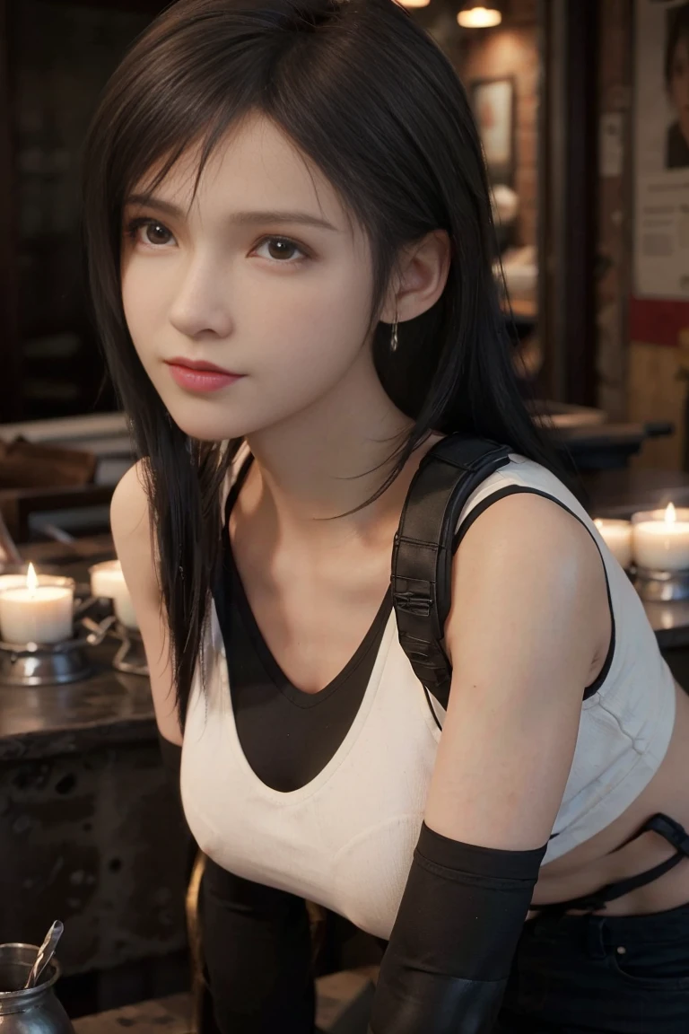 (masterpiece), (Top image quality), 8K resolution, Ultra-detail, Ultra-detail, Realism, (1girl in), Tifa, Final Fantasy, Tifa lockhart, rays of sunshine, cinematic, Cool Pose, Concrete walls,metal pipes,The description of Red Eye App,Detailed double eyelids,short-hair、Dark brown color,slender,Model body type,no-makeup、Bust Bcups