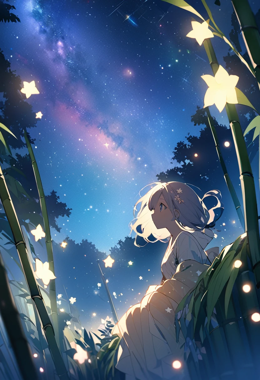 Tanabata of Japan、Write your wish on a bamboo leaf、decorate、milky way、Shine2Stars、She is looking up at the night sky、