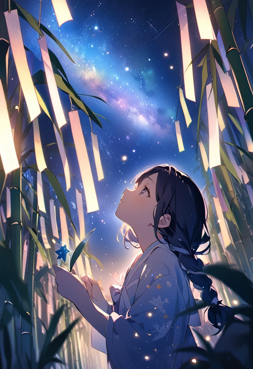 Tanabata of Japan、Write your wish on a bamboo leaf、decorate、milky way、Shine2Stars、She is looking up at the night sky、