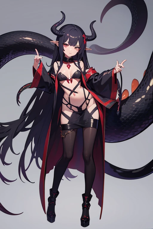 A snake demon girl with long hair and tentacles, a collar around her neck, full body