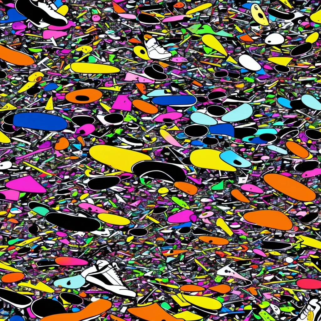 A background filled with tered musical notes in various sizes and colors
A background completely filled with scatd sneaker in various sizes and colors, covering the entire screen.
colorful image
Punking
Written by "Music for LIFE" on the wood board
black medium hair black medium hair
Five fingers Baggy clothes Baggy clothes