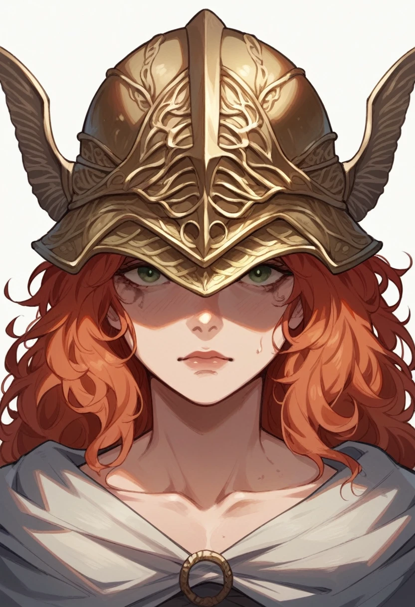 Red-haired redhead Malenia with golden Elden Ring helmet