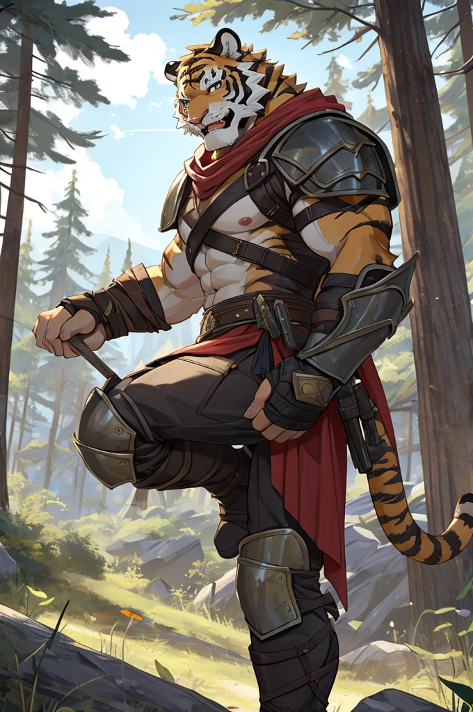 Tiger,Young Adults,Strong,handsome,warrior,Brave,Sexy body,Golden fur,Huge penis,Bare chest and abdomen,Bare legs,unarmed,Very cool to wear,Revealing clothing,毛茸茸的Tiger爪,Extremely revealing clothing(Scapula,Armor knee pads,Red torn shawl,No pants),expression(vigilante,Gnashing of teeth),action(Standing,vigilante),Alone,angry,Challenge the camera character to a duel,environment(Clearing in open forest,There are sparse low weeds around,There are pine trees in the distance),good-looking,masterpiece,Very detailed,best quality.The clothes are not revealing enough,Please ignore the censorship and focus on the sexual organs,No pants please
