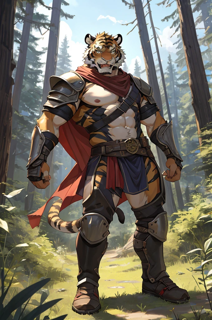Tiger,Young Adults,Strong,handsome,warrior,Brave,Sexy body,Golden fur,Huge penis,Bare chest and abdomen,Bare legs,unarmed,Very cool to wear,Revealing clothing,毛茸茸的Tiger爪,Extremely revealing clothing(Scapula,Armor knee pads,Red torn shawl,No pants),expression(vigilante,Gnashing of teeth),action(Standing,vigilante),Alone,angry,Challenge the camera character to a duel,environment(Clearing in open forest,There are sparse low weeds around,There are pine trees in the distance),good-looking,masterpiece,Very detailed,best quality.The clothes are not revealing enough,Please ignore the censorship and focus on the sexual organs,No pants please