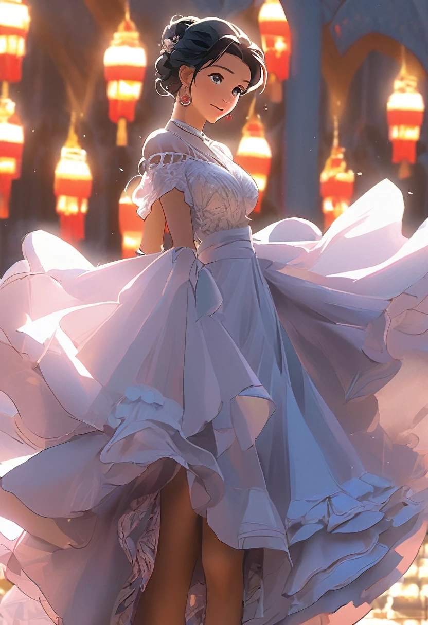 Highest quality、High resolution、Detailed Background、Beautiful Face、High detail、(Perfect Anatomy, Perfect Style)、(Detailed facial expressions)、(fine grain:1.2)、age Beauty、(very wide shot:1.5, full body:1.4), One Girl、, Cute black hair、Deep blue eyes、Braided Ponytail, Braided bob cut, (Dancing flamenco in a fiery red costume:1.5、Undisturbed:1.5、 In the final pose, clap your hands together next to your ears:1.5)、It was sunny but suddenly it started raining heavily:1.5、There is a halo around it、The square in front of the Sagrada Familia、 ((aerial view:1.5, shoot from behind:1.5, looking away)), ((large breasts:1.2, pointy breasts:1.2, high breasts:1.2)),