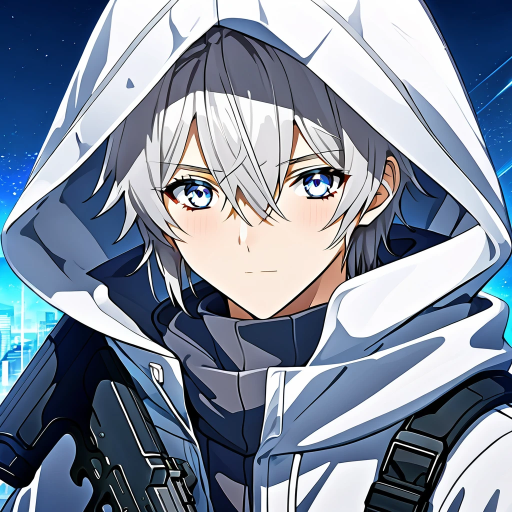 anime boy with ash gray hair and blue eyes wearing a white hood, anime boy, cute anime boy, high quality anime artstyle, beautiful anime boy, white boy, anime, anime boy, anime artstyle, tall anime guy with blue eyes, anime character, from arknights, anime character art, anime art style, ((male sniper)), ((male with sniper rifle)), ((chic)), ((chic boy)), ((mask on)), ((mask up))