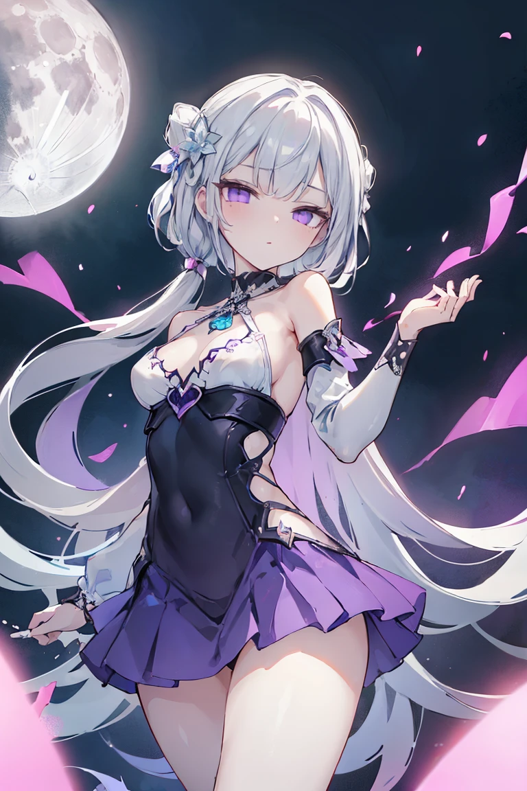 1girl, アニメ, cute girl, blank background, white background, fantasy, detailed fantasy dress with highlights, beautiful face, beautiful eyes, dark colors, black hair with multicolor streaks, red eye with different color pupil in eye, multicolor eye, medium breasts, slight cleavage, beautiful skin, cute, breast curtains, extremely delicate and beautiful, (beautiful detailed face:1.0), (detailed deep eyes), symmetrical breasts, deep eyes, shiny skin, portrait, slender waist, hips wider than shoulders, thighs, expressionless, young girl, luminous eyes, adorable,(Kpop idol),(aegyo sal:1),(Platinum blonde hair:1),((puffy eye)),Black panty,sexy posture,Superskirt, Ultra-high resolution,Black collar,slim figure, Abdominal y tattoo, womb tattoo,Tight-fitting leg ring,y tattoo on half-body,Bare skin, Armored hand,Hidden fingertips,Hand covered,Arm covered,Fist covered,{{beautiful detailed fingers}}, tufts of hair, moderate beautiful breast:1.0,(masterpiece:1.2), best quality, high-res, HDR, perfect face, intricate armor, delicate blue filigree, intricate filigree, red metalic parts, detailed part, dynamic pose, dynamic lights, cute face, neutral expression, shuimobysim, lotus, Hanfu, maxi skirt, dress conservatively 1girl, 独奏, long blue hair, standing, One lady,14years,((White hair) ,(Shiny purple bodysuit with microskirt),((Fantasy, Moon Night)), gradient_eyes,