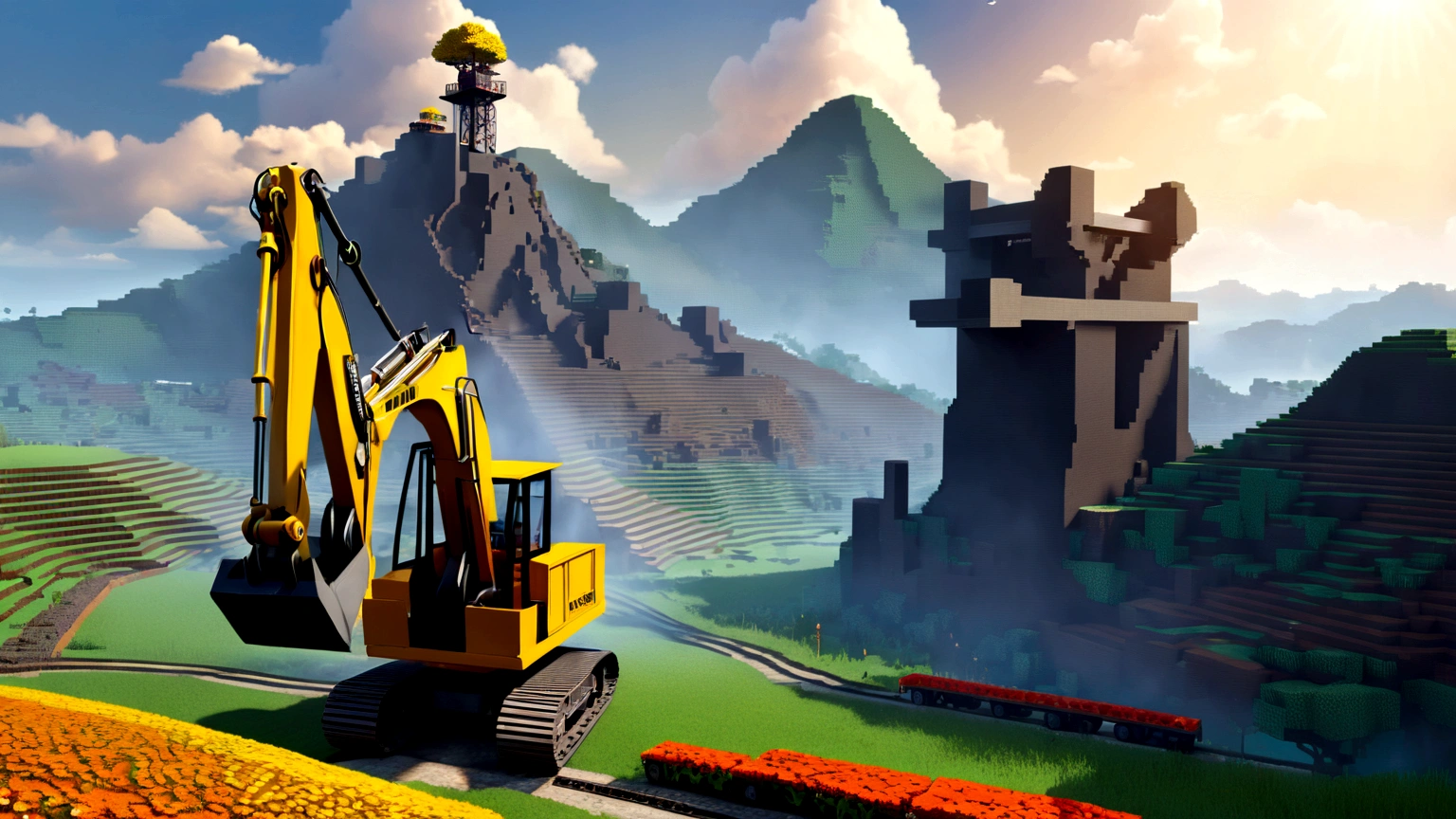 Mountain, landscape, Tree, flower, Sky, outdoor, No humans, architecture, cloud, east asian architecture,colliery,(Minecart:1.5),(excavator:1.5),High coal conveyor belt,Worker with hat,Detailed miner illustration,Organic shapes and curves