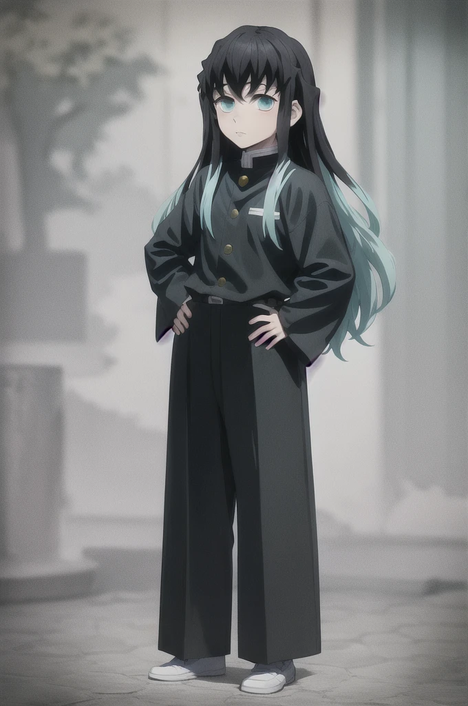 masterpiece, best quality, 1boy, muichiro,long hair, black hair, aqua hair, bangs, multicolored hair, sidelocks, long sleeves, aqua eyes, demon slayer uniform, pants, standing, looking at viewer, hands on hip, idle, straight hair