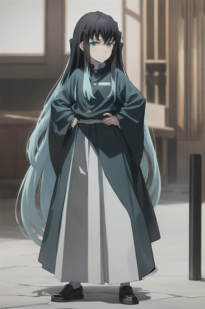 masterpiece, best quality, 1boy, muichiro,long hair, black hair, aqua hair, bangs, multicolored hair, sidelocks, long sleeves, aqua eyes, demon slayer uniform, pants, standing, looking at viewer, hands on hip, idle, straight hair