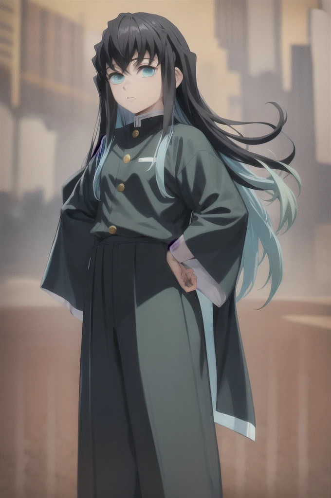 masterpiece, best quality, 1boy, muichiro,long hair, black hair, aqua hair, bangs, multicolored hair, sidelocks, long sleeves, aqua eyes, demon slayer uniform, pants, standing, looking at viewer, hands on hip, idle, straight hair
