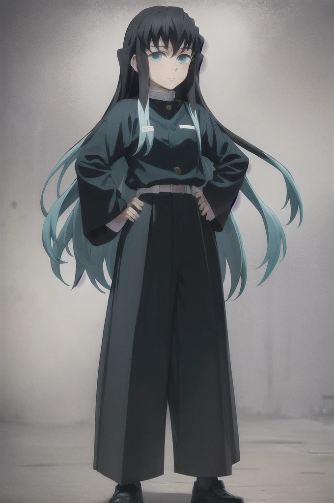masterpiece, best quality, 1boy, muichiro,long hair, black hair, aqua hair, bangs, multicolored hair, sidelocks, long sleeves, aqua eyes, demon slayer uniform, pants, standing, looking at viewer, hands on hip, idle, straight hair