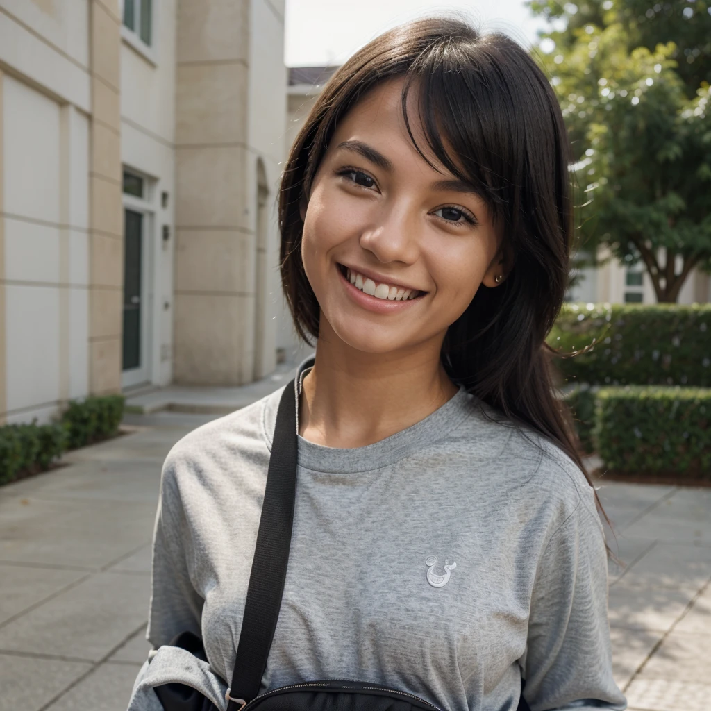 A detailed image of a smiling Black , holding a school backpack, cheerful expression, casual clothing, high-resolution, photorealistic, background: 100% white