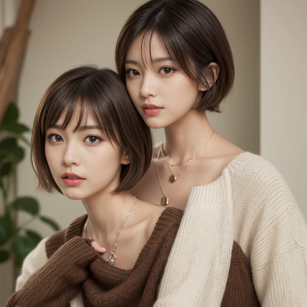 ((masutepiece,top-quality)), (photographrealistic:1.4),((masutepiece,8K))、white wall、(white room)、((full body photo))、shot in natural light、Highly detailed face and skin texture、highly detailed lips、correct state of the human body、Super high resolution、(Photoreal:1.4)、top quality, 1 beautiful woman, 38 years old, s, 150mm lens、Light yellow Knit、(Dark brown medium shorthair)、Japanese woman、(dark brown hair)、Versatile poses、looking at the camera、Natural color lip、Winter clothes、 necklace、indoor