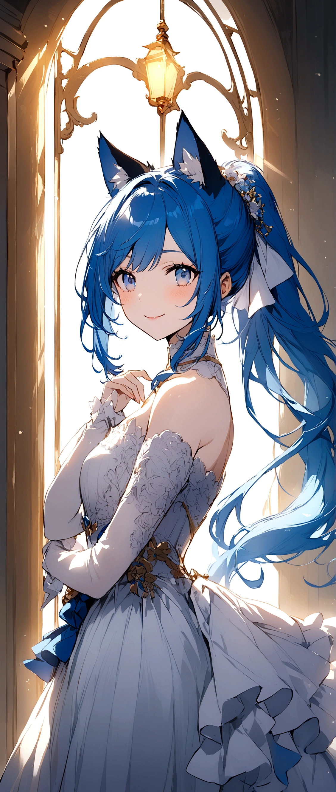 Blue Hair、Ponytail on the left、Blue eyes、Has cat ears、Smiling、Girl