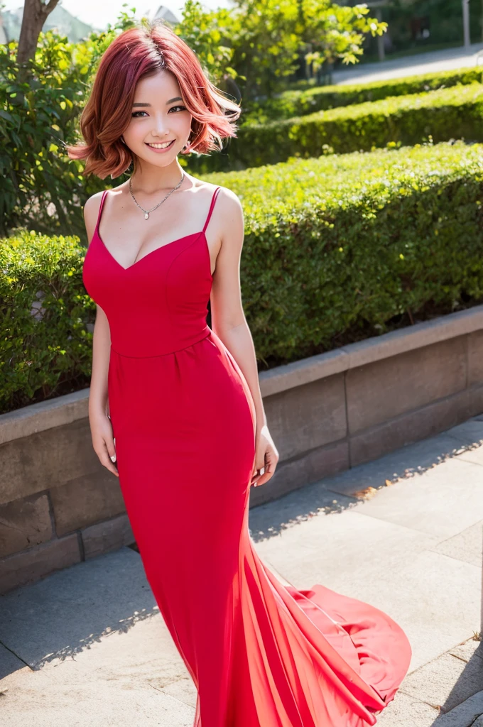 woman, beautiful, ตาbeautiful, Pretty red dress, smile, cheerful, fit, light pink hair, sexy