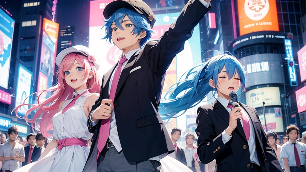 Anime style illustration with a vibrant city background similar to Shibuya. The main characters are a girl with long blue hair and blue eyes wearing a with a pink tie, and a boy with short blue hair wearing a white suit and hat. In this image, the boy is singing into a microphone, eyes closed and passionately involved in the song, while the girl is looking at him with a smile. The background remains colorful with musical notes floating around."