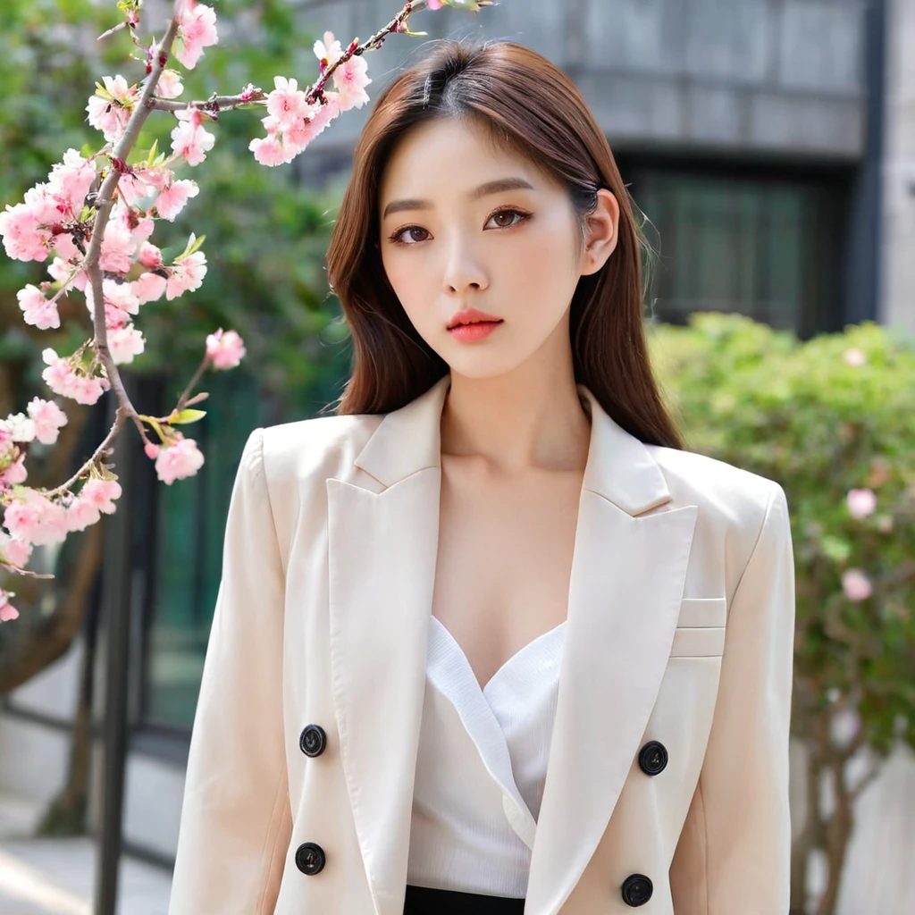 Gentle and beautiful topless woman, half body photo, delicate and sexy collarbone, charming oval face, double eyelids, smart peach blossom eyes, pink lips, small nose, bare shoulders, focused face, face close-up, ultra-high-definition, super Details, elegant standing, black British college style double-breasted casual loose Korean style small suit jacket, matched with black pleated skirt suit