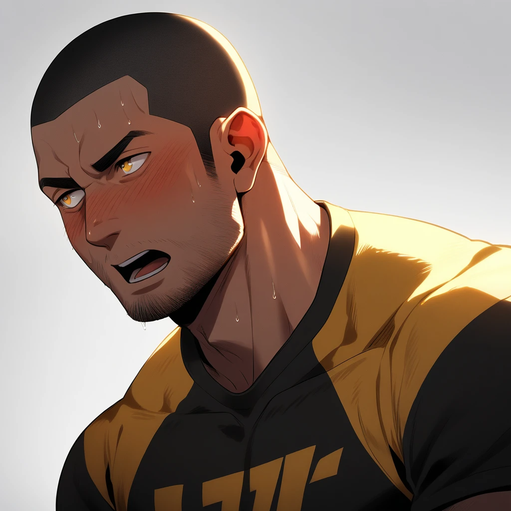 1muscular sportsman, male focus, Buzz Cut, Yellow and black tight T-shirt, Very tight, muscular male, muscular, only, Upper body, alone, look to the side, short hair, stubble, sweat, black hair, Yellow eyes, open lips, White background, simple background, amazing quality, best aesthetics, Ridiculous, crew cut, moaning, blush, chiaroscuro, cinematic lighting, best quality, textured skin