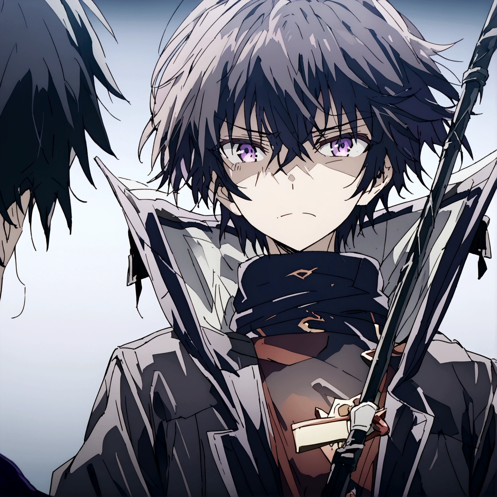 Anime male, black hair, purple eyes, black clothing, tired face expression, best quality, wise, cold-hearted, cool