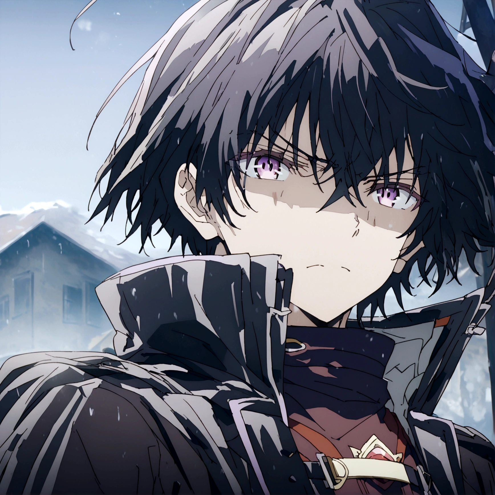 Anime male, black hair, purple eyes, black clothing, tired face expression, best quality, wise, cold-hearted, cool