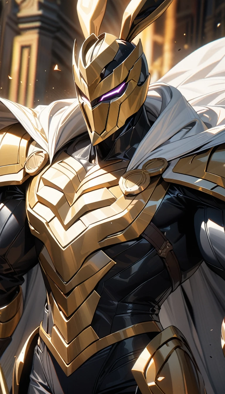 Adult guy, golden form of super villain, rabbit ears, supervillain helmet, white cape, swords, Masterpiece, best quality, Full HD, 8k, ultra details, great graphic