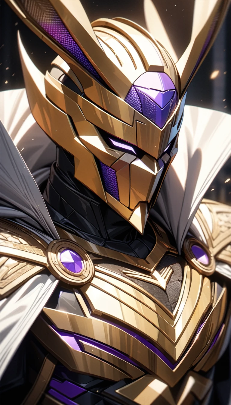 Adult guy, golden form of super villain, rabbit ears, supervillain helmet, white cape, swords, Masterpiece, best quality, Full HD, 8k, ultra details, great graphic