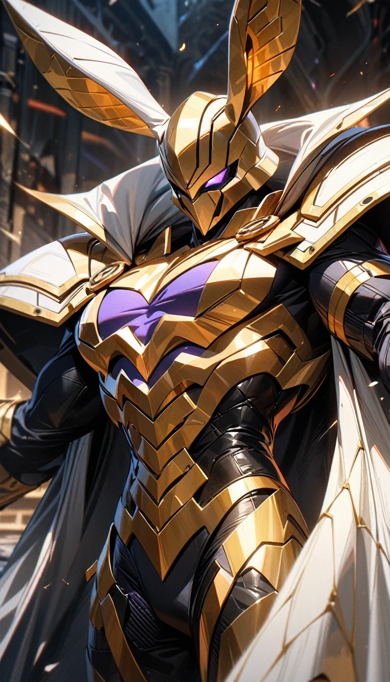 Adult guy, golden form of super villain, rabbit ears, supervillain helmet, white cape, swords, Masterpiece, best quality, Full HD, 8k, ultra details, great graphic