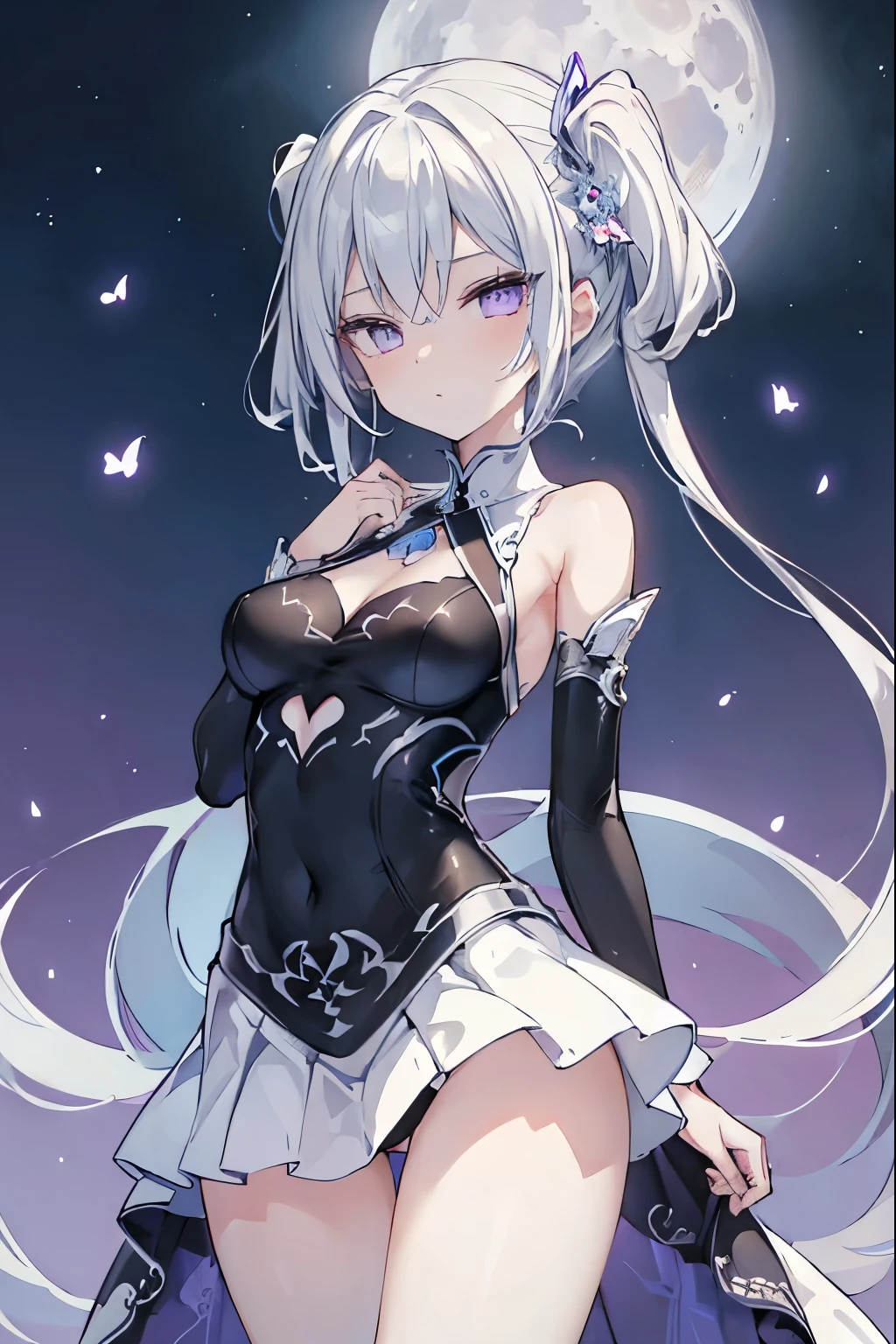 1girl, アニメ, cute girl, blank background, white background, fantasy, detailed fantasy dress with highlights, beautiful face, beautiful eyes, dark colors, black hair with multicolor streaks, red eye with different color pupil in eye, multicolor eye, medium breasts, slight cleavage, beautiful skin, cute, breast curtains, extremely delicate and beautiful, (beautiful detailed face:1.0), (detailed deep eyes), symmetrical breasts, deep eyes, shiny skin, portrait, slender waist, hips wider than shoulders, thighs, expressionless, young girl, luminous eyes, adorable，（Kpop idol）,（aegyo sal：1），（Platinum blonde hair：1），（（puffy eye）），Black panty，sexy posture，Superskirt, Ultra-high resolution，Black collar，slim figure, Abdominal y tattoo, womb tattoo，Tight-fitting leg ring，y tattoo on half-body，Bare skin, Armored hand，Hidden fingertips，Hand covered，Arm covered，Fist covered,{{beautiful detailed fingers}}, tufts of hair, moderate beautiful breast:1.0,(masterpiece:1.2), best quality, high-res, HDR, perfect face, intricate armor, delicate blue filigree, intricate filigree, red metalic parts, detailed part, dynamic pose, dynamic lights, cute face, neutral expression, shuimobysim, lotus, Hanfu, maxi skirt, dress conservatively 1girl, 独奏, long blue hair, standing, One lady,14years,((White hair) ,(Shiny purple bodysuit with microskirt),((Fantasy, Moon Night)), gradient_eyes,