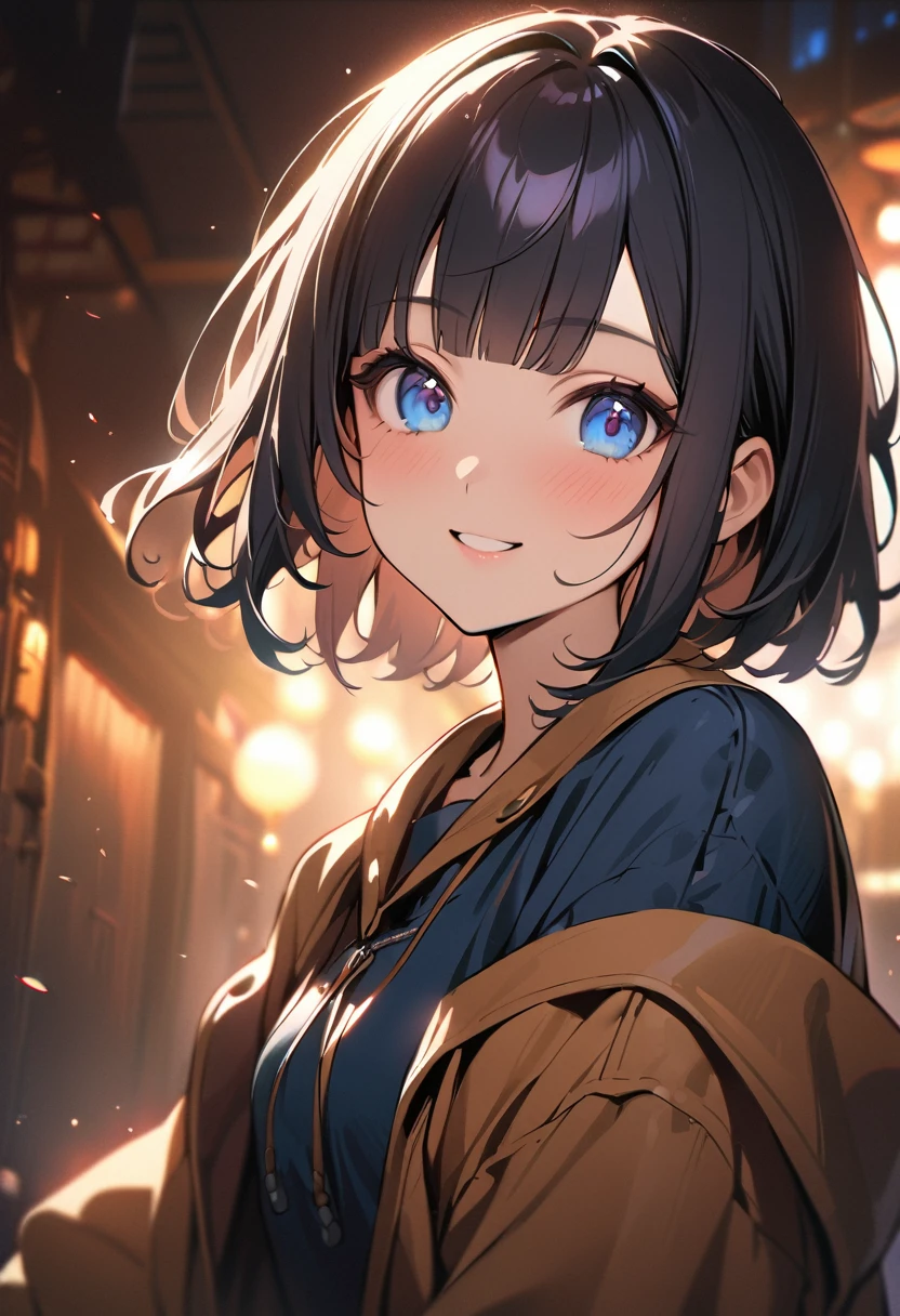 1 girl, 15 years old, blunt bangs, black hair, blue eyes, shoulder length hair, short hair, smile
BREAK (masterpiece), (high resolution 8K), cinematic lighting, professional lighting, detailed eyes and face, detailed body, 