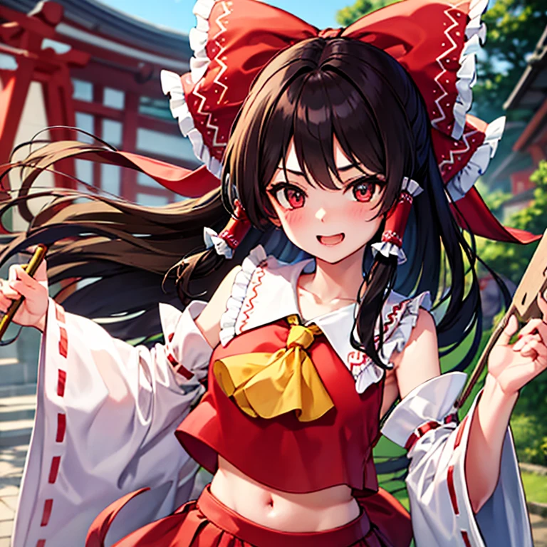 Reimu happily pulls you along in front of the large Hakurei Shrine.