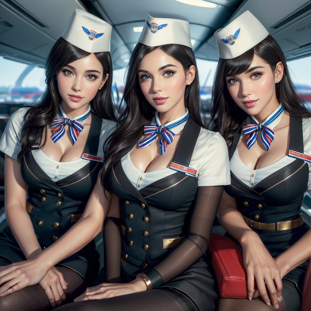 (best quality, masterpiece:1.5), (ultra-detailed, realistic:1.37),4K,(3woman:1.5),American,cute,beautiful,(Air hostess:1.3),stewardess,(miniskirt),(black pantyhose:1.2).short hair,smile,sitting,beauty,perfect hands,perfect fingers,perfect legs