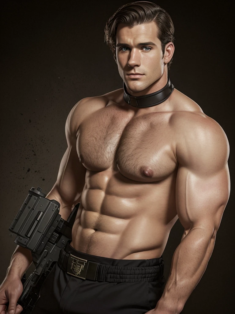 Illustration in Leyendecker style: full-length drawing shirtless Sean Strong - 29, 6'1", 205 lbs, cos, similar to Henry Cavill, but a face like Tom Hardy for inspiration, beutiful, but not model material, Dark Brown Hair, Almost black pool of eyes, Constant five-hour shadow, pouty lips, marine, MARSOC Artillery Sergeant, Head of the Operations Department of Divisions, wounded while escorting Iraqi security forces in north-central Iraq. Three GSWs (Cannon Gunshot wounds) Shattered middle of the left thigh, Shattered right clavicle, and the bullet touched the jawline on the right side of his face and tore off his right earlobe. At Pacific High School, San Bernardino, California, He had an A 3.7 GPA and was a quarterback on the football team. San Diego State University, He specialized in linguistics. He is fluent in Spanish, Arabian (Accent in Mesopotamian), and Gaeilge (Not offered at school, I studied it on my own) In honor of his ancestry. Played football for the San Diego State Aztecs for four years. After that, How he got his