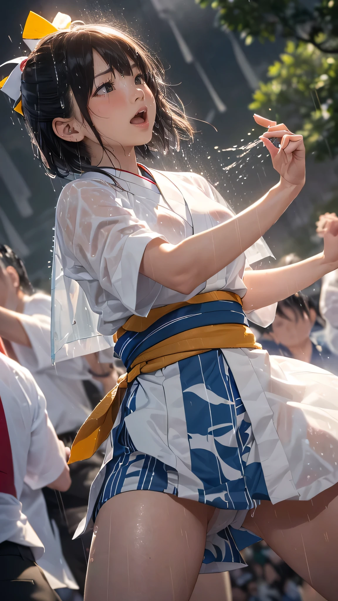 (from below:1.8), ((Cowboy Shot)), (((Emphasizing rain streaks:1.8))), (((super stormy,Heavy rain of large typhoon class,like a rain of super typhoon:1.2)))of(((Inside, a large crowd gathers together to sing and dance wildly in the Awa Odori dance.:1.5))), (((Uplifting,Blurred expression))),((F-stop 2.8.Shutter Speed 100)), (((Large density))),(((Great impact))),(((great excitement))),(((great enthusiasm))), (1 screen), (Highest quality,4K,8K,High resolution,masterpiece:1.2),Super detailed,(photo-realistic:1.37), (perfect anatomy), (Four fingers and thumb in perfect proportions), (Symmetry of face), (((Please make sure there are many people in the composition.))), ((Transparent skin)), ((Sweat)), (Just a little sexy), Japanese
