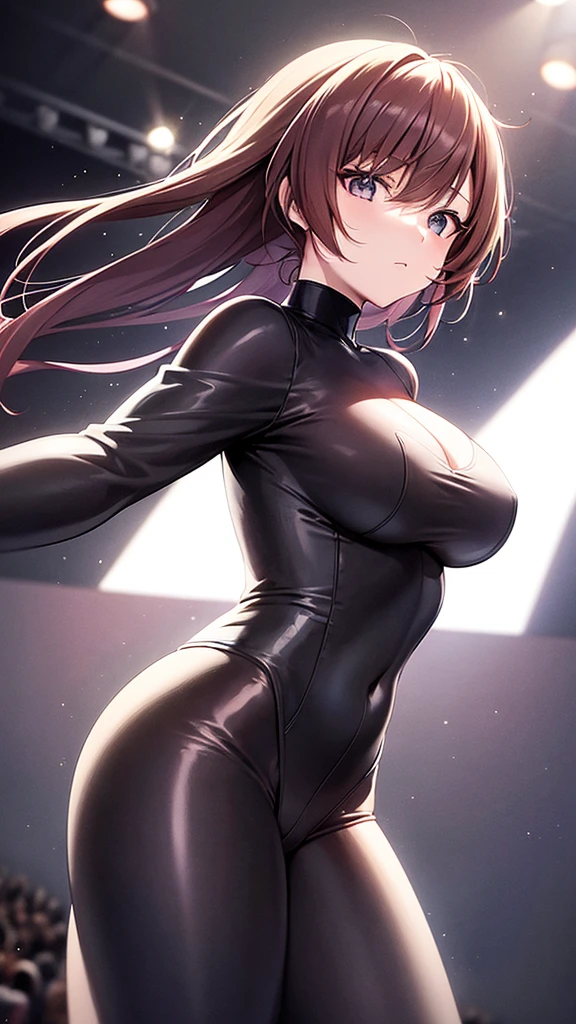 lineart anime a woman and the drawing is in the front angle, She is in a frontal position and she is wearing a skintight bodysuit, She has thick thighs and her chest is almost bulging, She is on a stage and in the background there is an audience, She has her arms raised up and is in the front angle looking at the camera