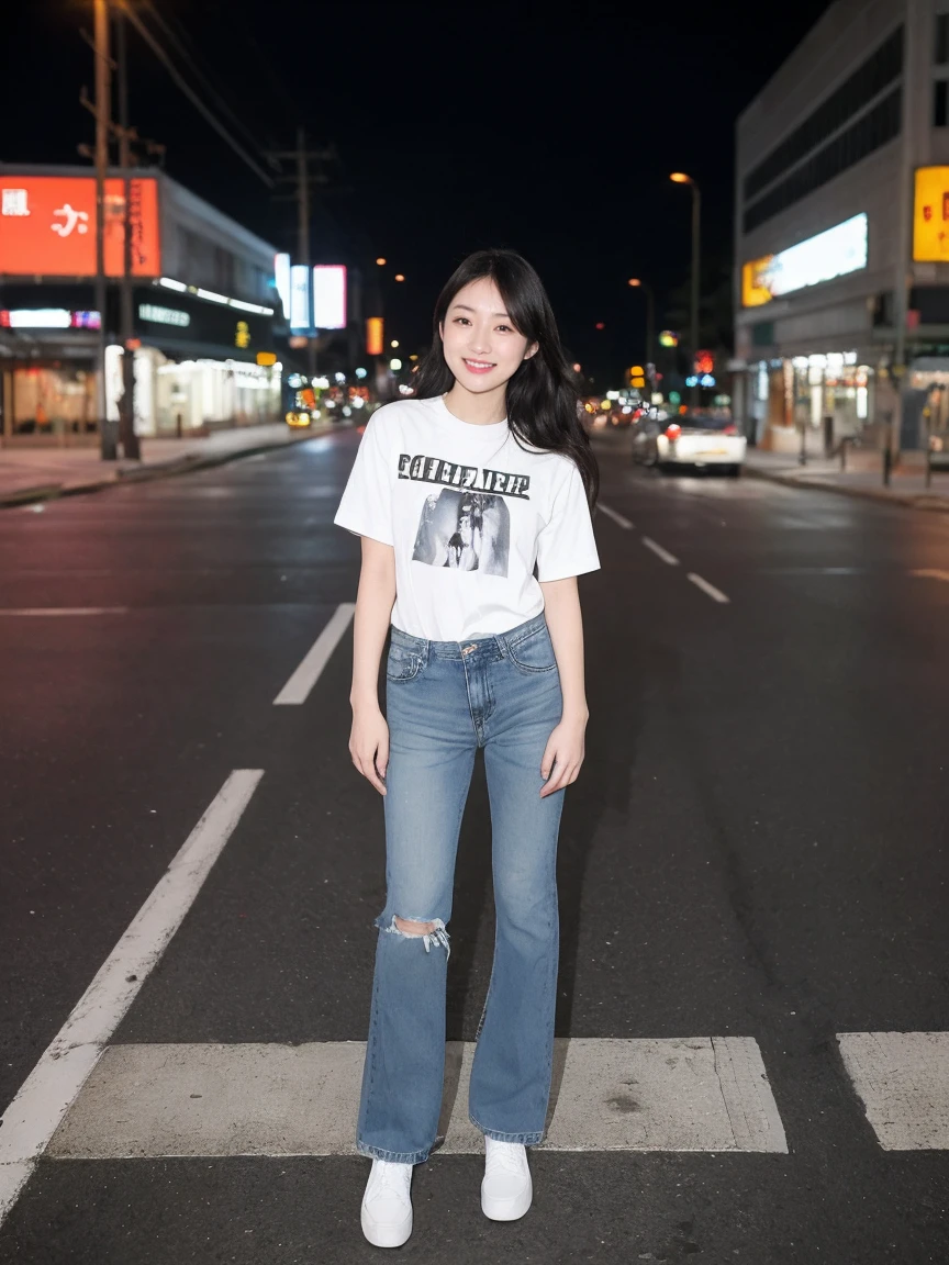 Realistic,score_9, score_8_Excellent, score_7_Excellent, break, 1人of女性(40s:1.2),alone,Tie long hair to the side,From before,Face Focus,(View your viewers:1.2),A kind smile(Laugh with your mouth closed:1.2),Full body portrait(Medium:1.2),bright,Polaroid,(depth_of_Field:1.5),晴れof日,Outdoor,street,目of間of毛,Moody lighting,Lens flare,Available Light,Rim Light,Shining neon lights,Curvy,Standing posture(standing on street corner:1.5),Heather Mauve色ofTshirt,(Plain:1.7),Tshirtをウエストに入れない,Blue Jeans,日本of女性