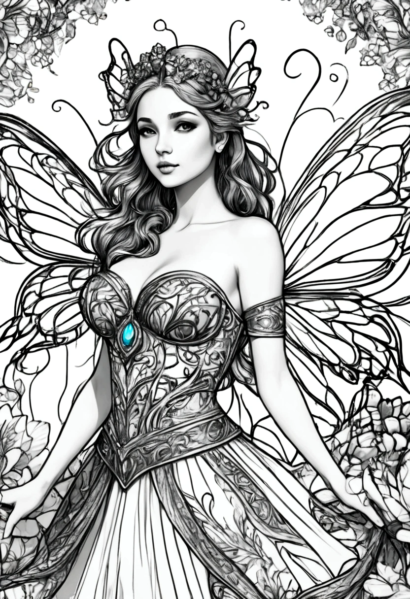 a fairy with gigantic breast in a ornamental outfit posing in a garden, wearing an ornate outfit, wearing ornate clothing, clean line art, white background, colouring page, clean outline, sketch style, floral frame, decorative panel, abstract ,sketch, character lines and scenes without colors and shadows. (Masterpiece, Best Quality, Highres:1.4), Detailed, Intricate Details, 4K, color splashes, line art