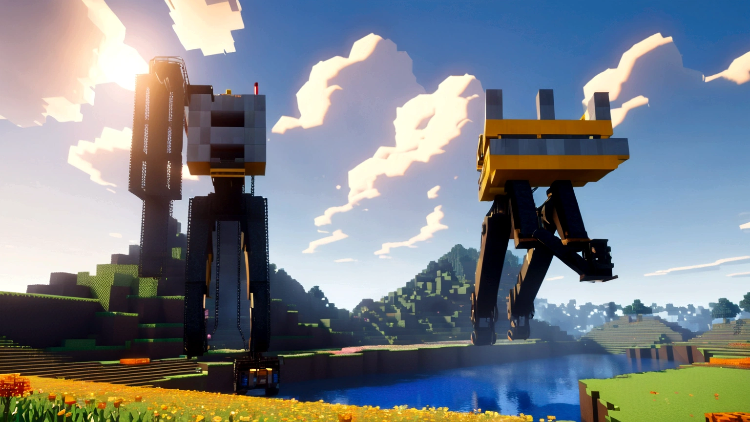 Mountain, landscape, Tree, flower, Sky, outdoor, No humans, 建筑study, cloud, study,colliery,(Minecart:1.5),(excavator:1.5),