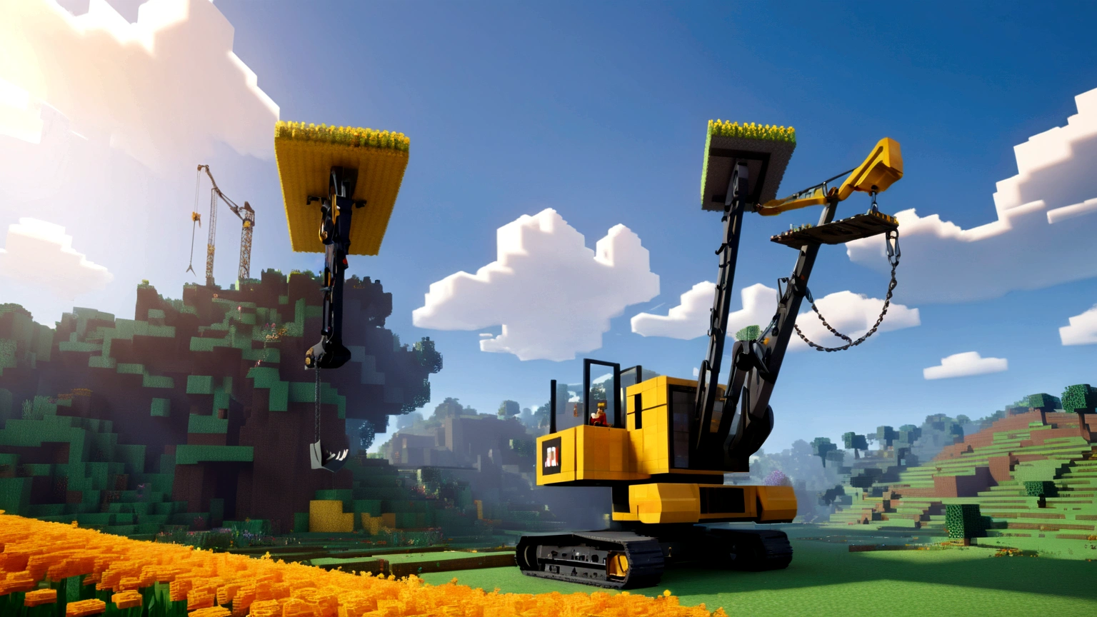 Mountain, landscape, Tree, flower, Sky, outdoor, No humans, 建筑study, cloud, study,colliery,(Minecart:1.5),(excavator:1.5),