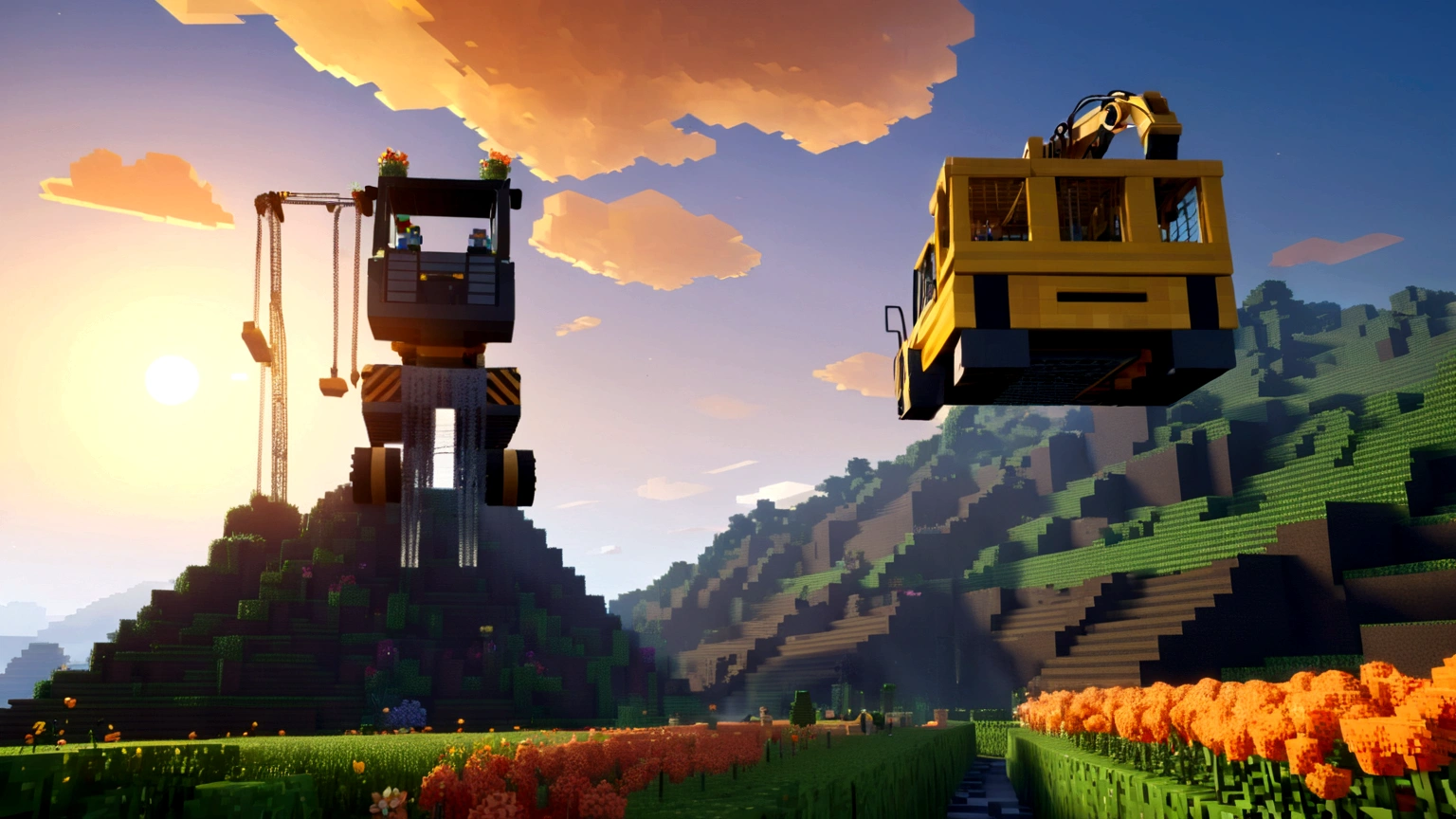 Mountain, landscape, Tree, flower, Sky, outdoor, No humans, 建筑study, cloud, study,colliery,(Minecart:1.5),(excavator:1.5),